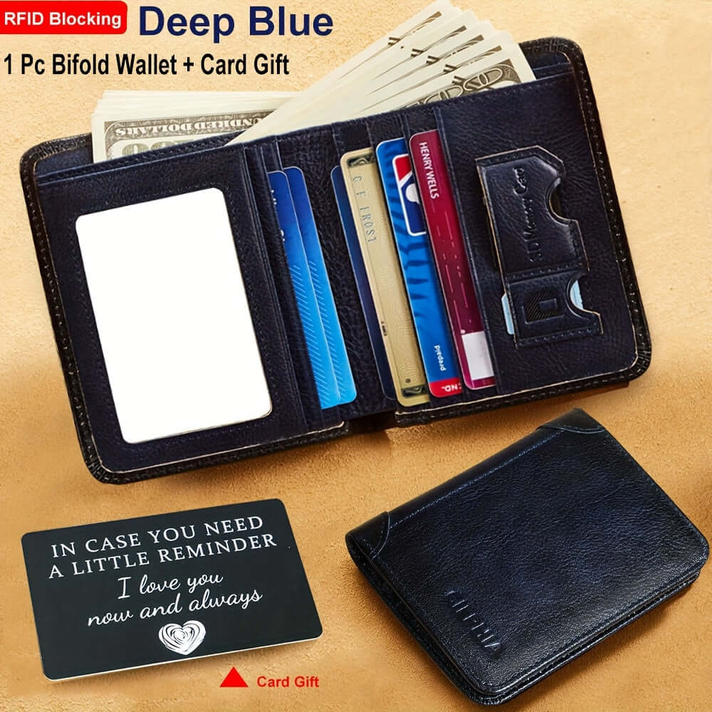 RFID leather wallet for men in deep blue with bifold design and card gift