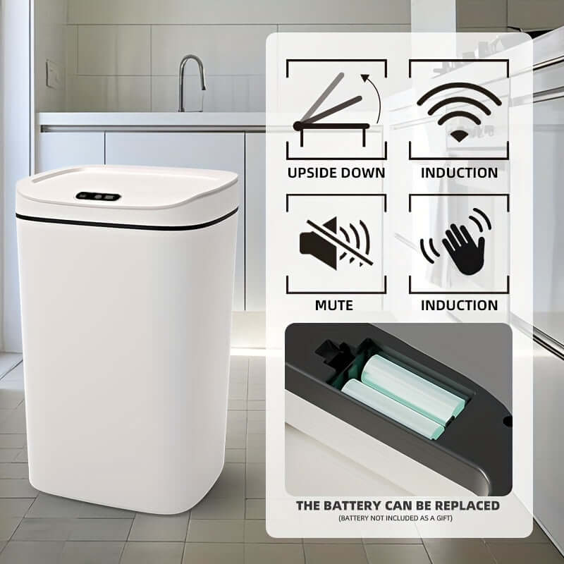 motion-sensor trash can specifications with battery replacement and induction features.