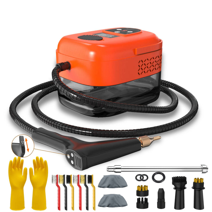 high pressure handheld steam cleaner with accessories including nozzle, brushes, gloves, and flexible hose.