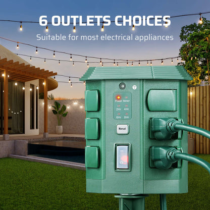 Dewenwils power stake timer for holiday lights with 6 outlet choices for electrical appliances.