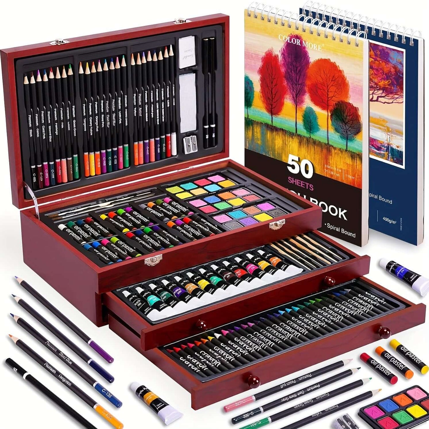 PASAMIC non-toxic art supplies including colored pencils, watercolors, and a sketchbook in a wooden art set.