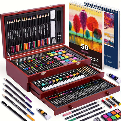 PASAMIC non-toxic art supplies including colored pencils, watercolors, and a sketchbook in a wooden art set.