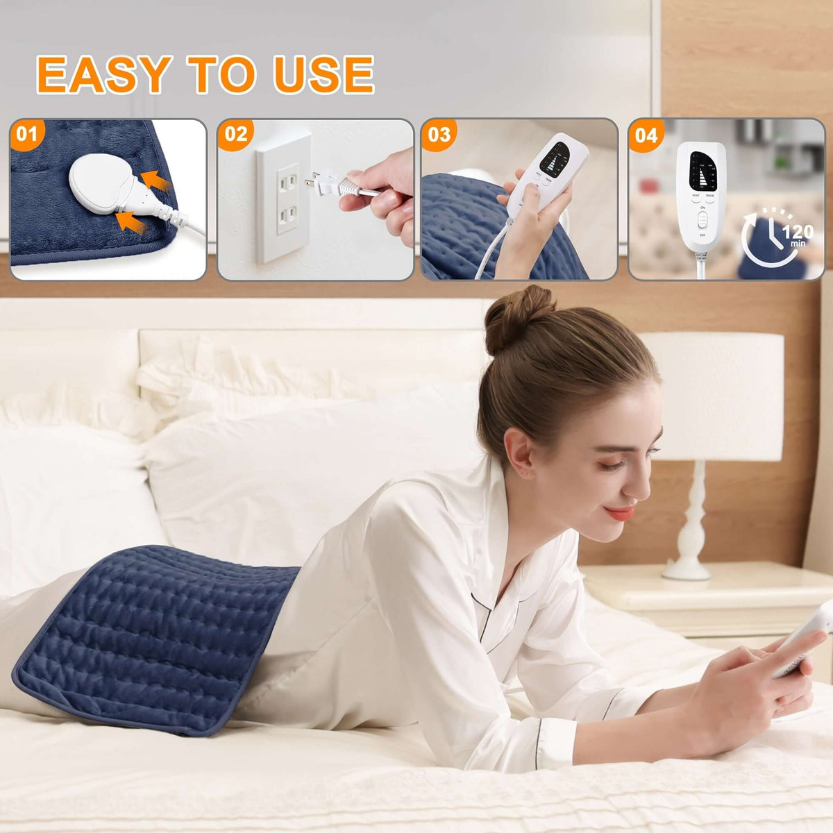 A woman demonstrating how to use an extra large electric heating pad while relaxing on a bed.