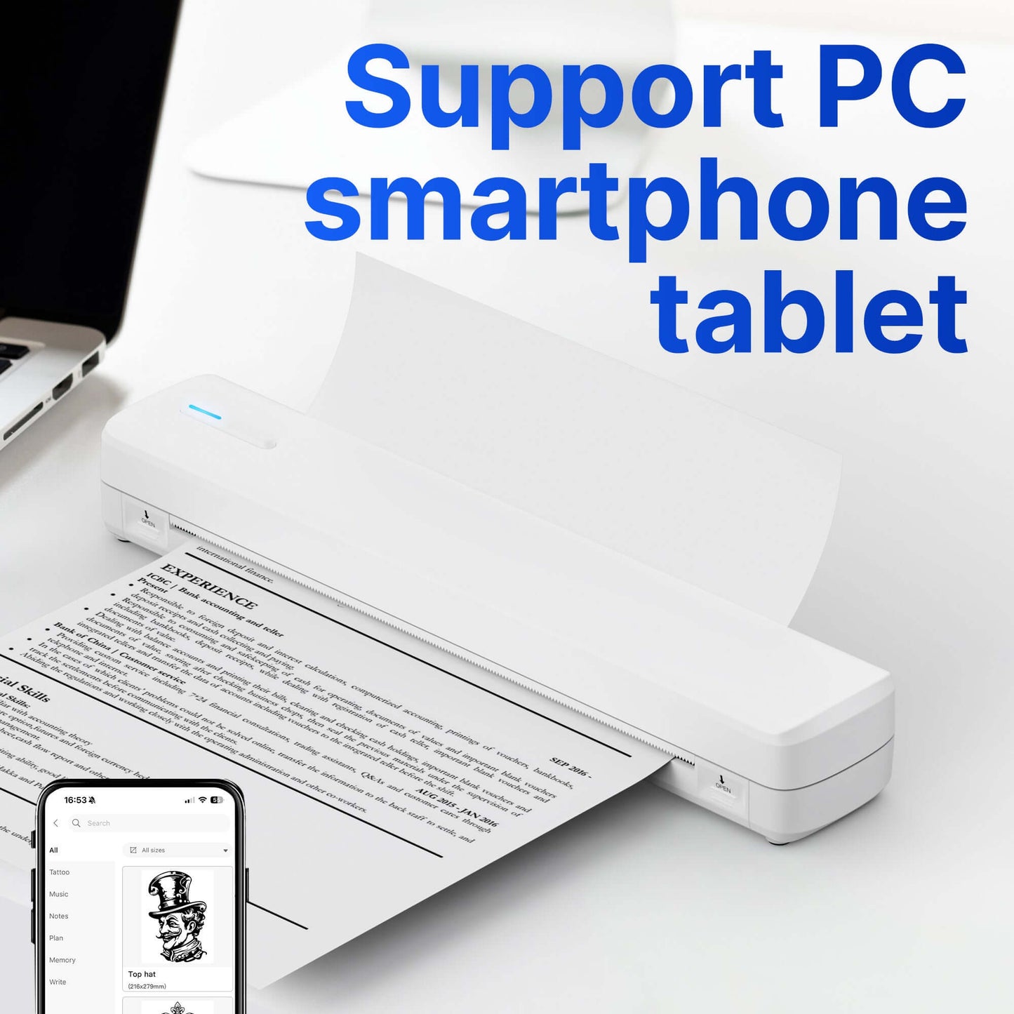Portable wireless travel printer printing documents with smartphone and tablet support on a desk.