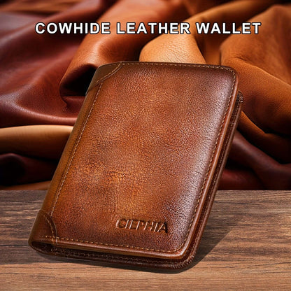 Cowhide leather wallet on a wooden surface with warm-toned leather background.