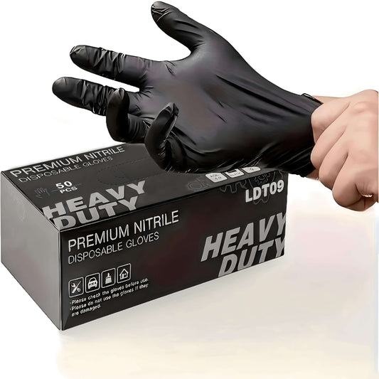 Disposable nitrile gloves for safety in a box, showcasing heavy duty premium quality with 50 pieces.