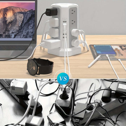 flat plug power board with USB ports shown alongside a cluttered mess of cords and chargers