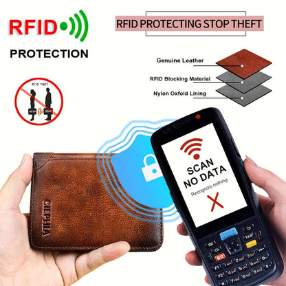 RFID leather wallet for men with RFID blocking material, genuine leather, and anti-theft protection features.