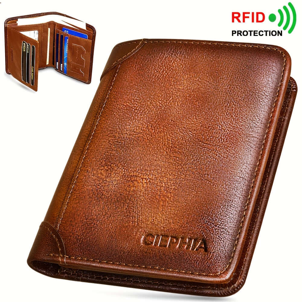 RFID leather wallet for men with brown leather finish and RFID protection features.