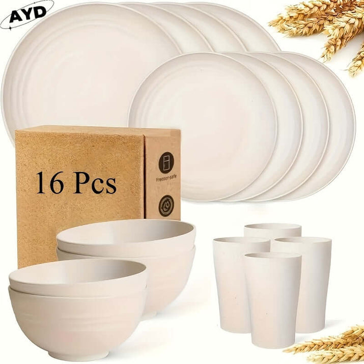 wheat straw dinnerware set with 16 pieces including plates, bowls, and cups in a light weight design