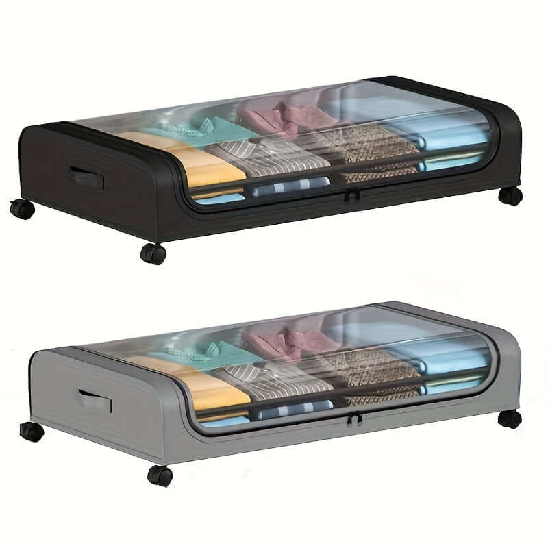 underbed storage bins with wheels for easy access and organization of clothes and blankets.