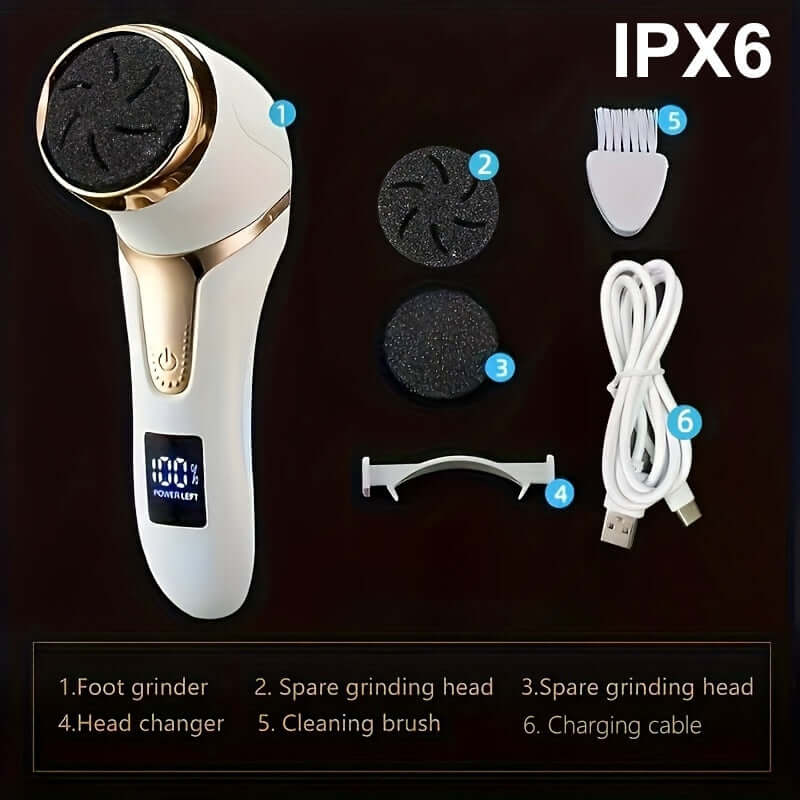 Electric foot callus remover with interchangeable grinding heads and accessories for smooth feet.