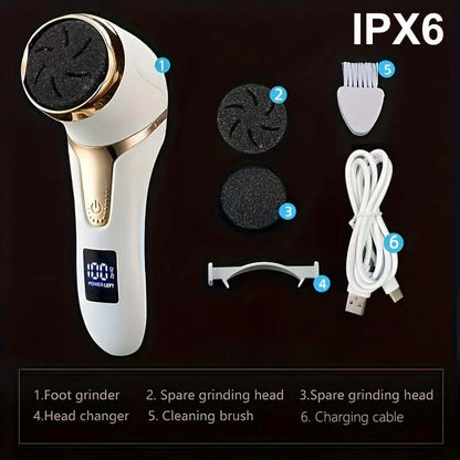 Electric foot callus remover with interchangeable grinding heads and accessories for smooth feet.