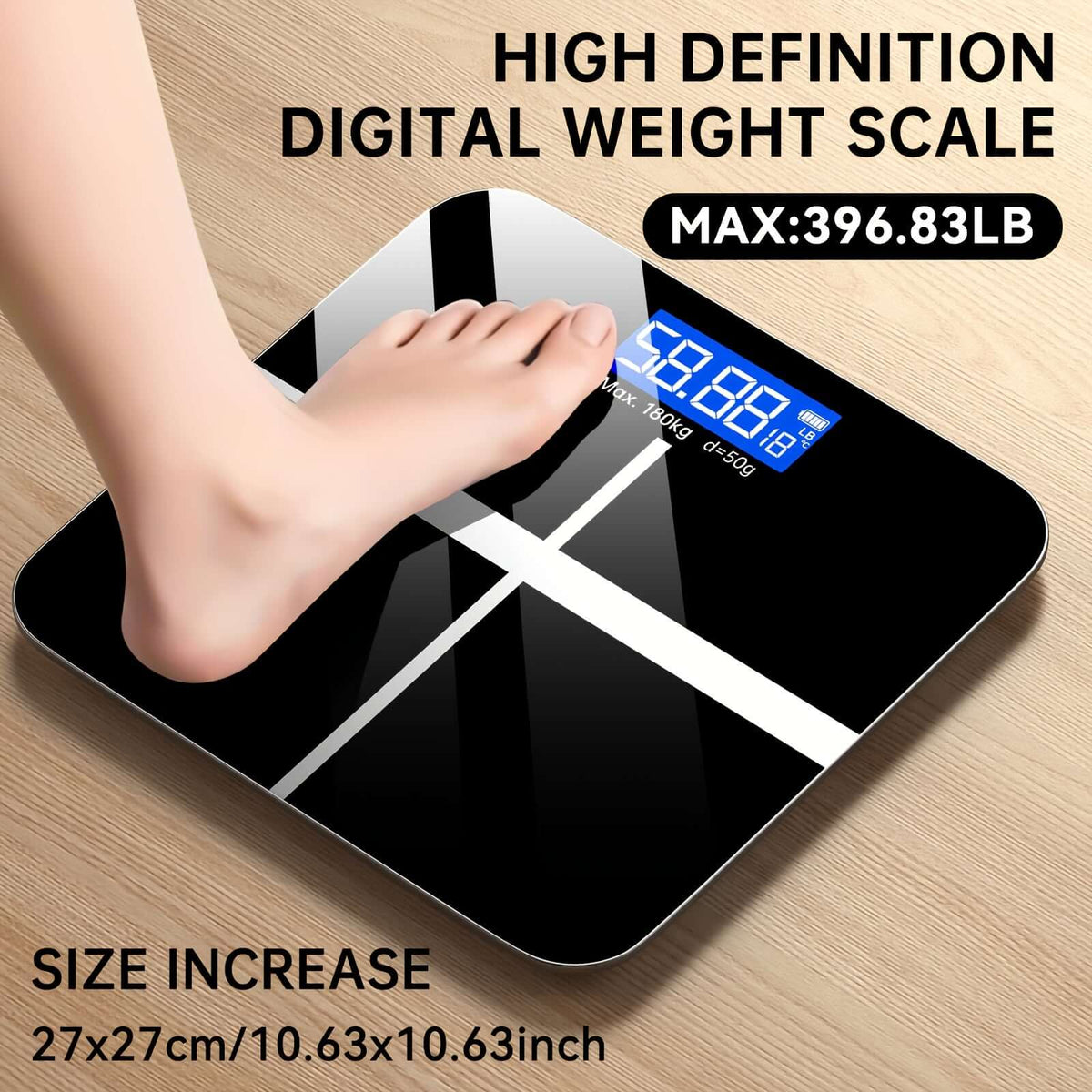 high-precision digital bathroom scale with LCD display and foot placement showing weight measurement