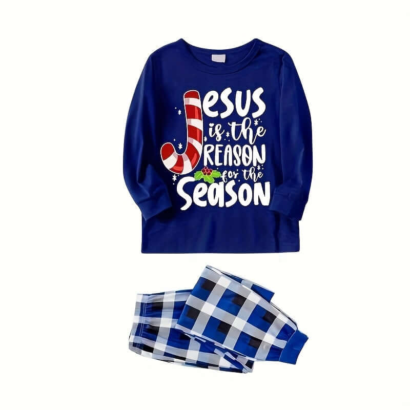 Family matching Christmas pajamas featuring a blue top with 'Jesus is the reason for the season' and checkered pants.