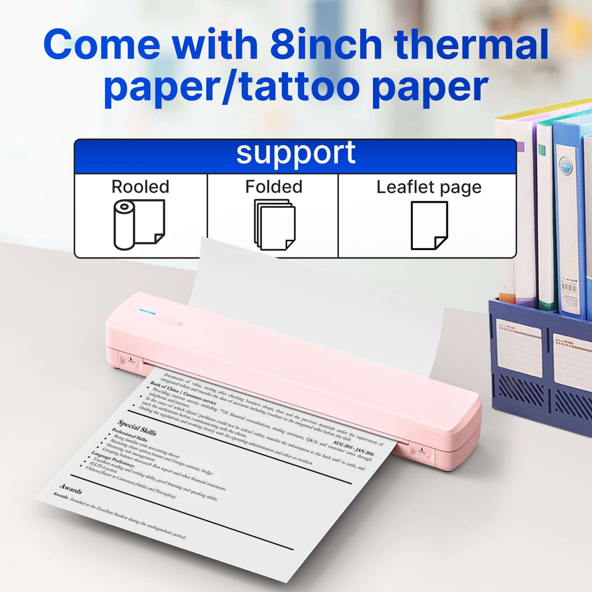 Portable wireless travel printer with 8-inch thermal paper support for printing rooled, folded, and leaflet pages.