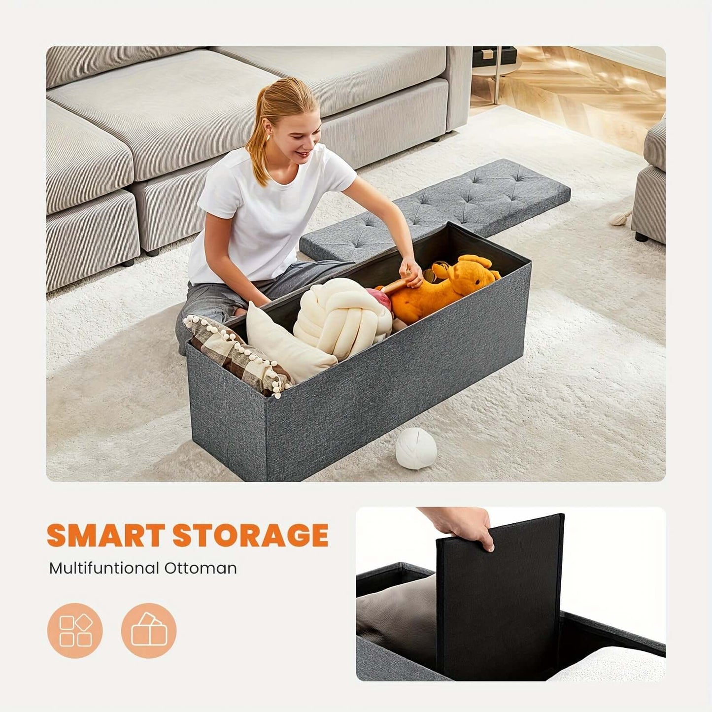 woman using storage ottoman bench for organizing toys and blankets in living room