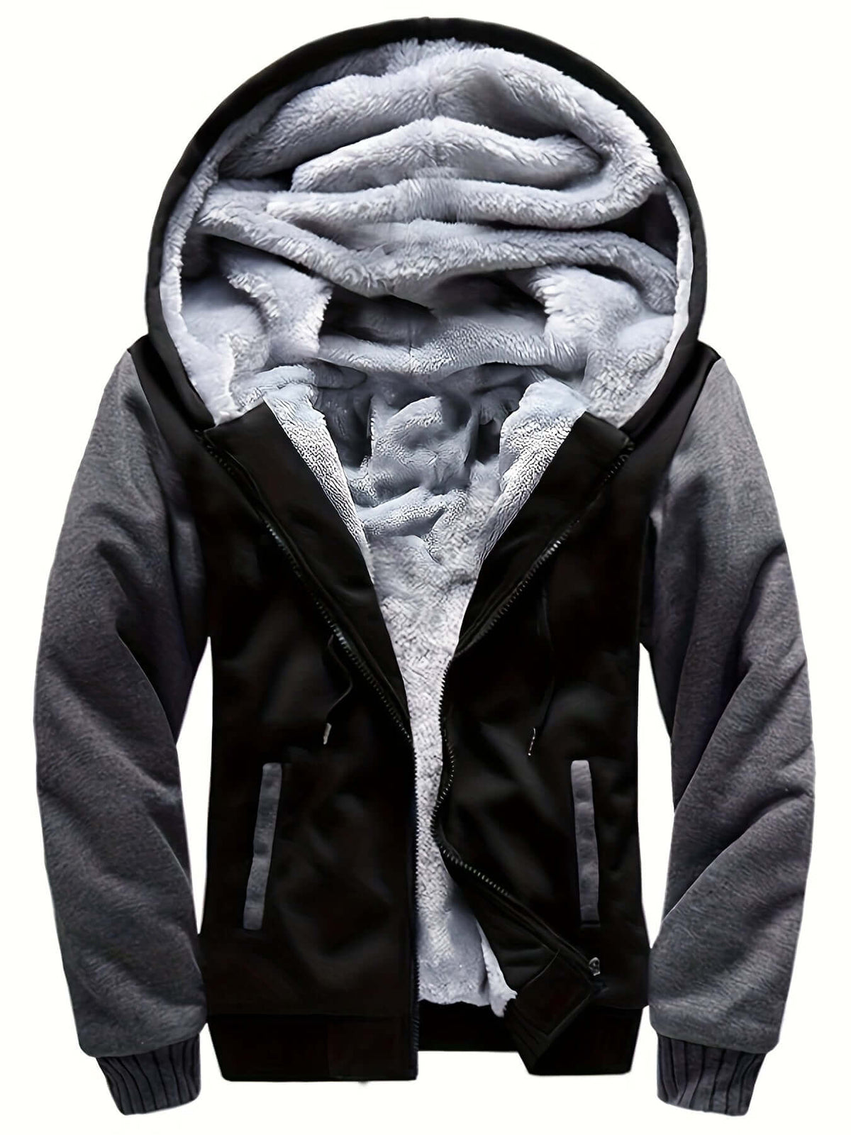 men's hooded jacket specifications showing a black and gray design with a fur-lined hood.