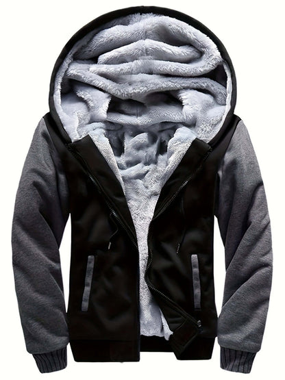 men's hooded jacket specifications showing a black and gray design with a fur-lined hood.