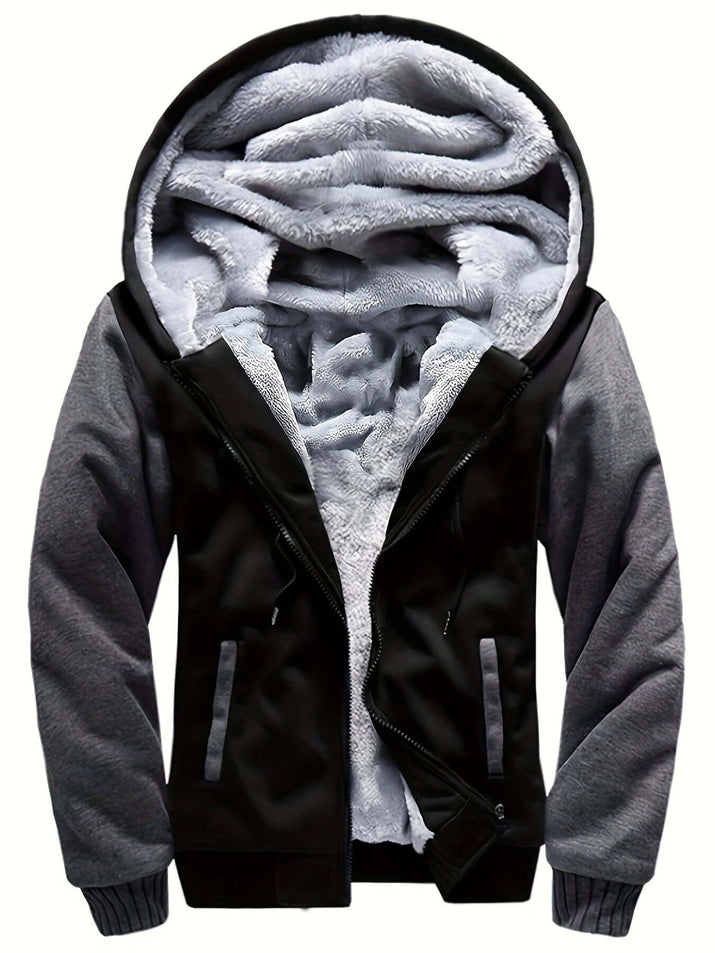 men's hooded jacket specifications showing a black and gray design with a fur-lined hood.
