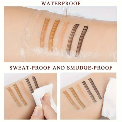 Waterproof eyebrow pen swatches demonstrating waterproof, sweat-proof, and smudge-proof features on skin.