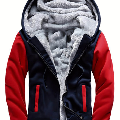 men's hooded jacket specifications featuring a stylish design with a cozy interior and vibrant red sleeves.