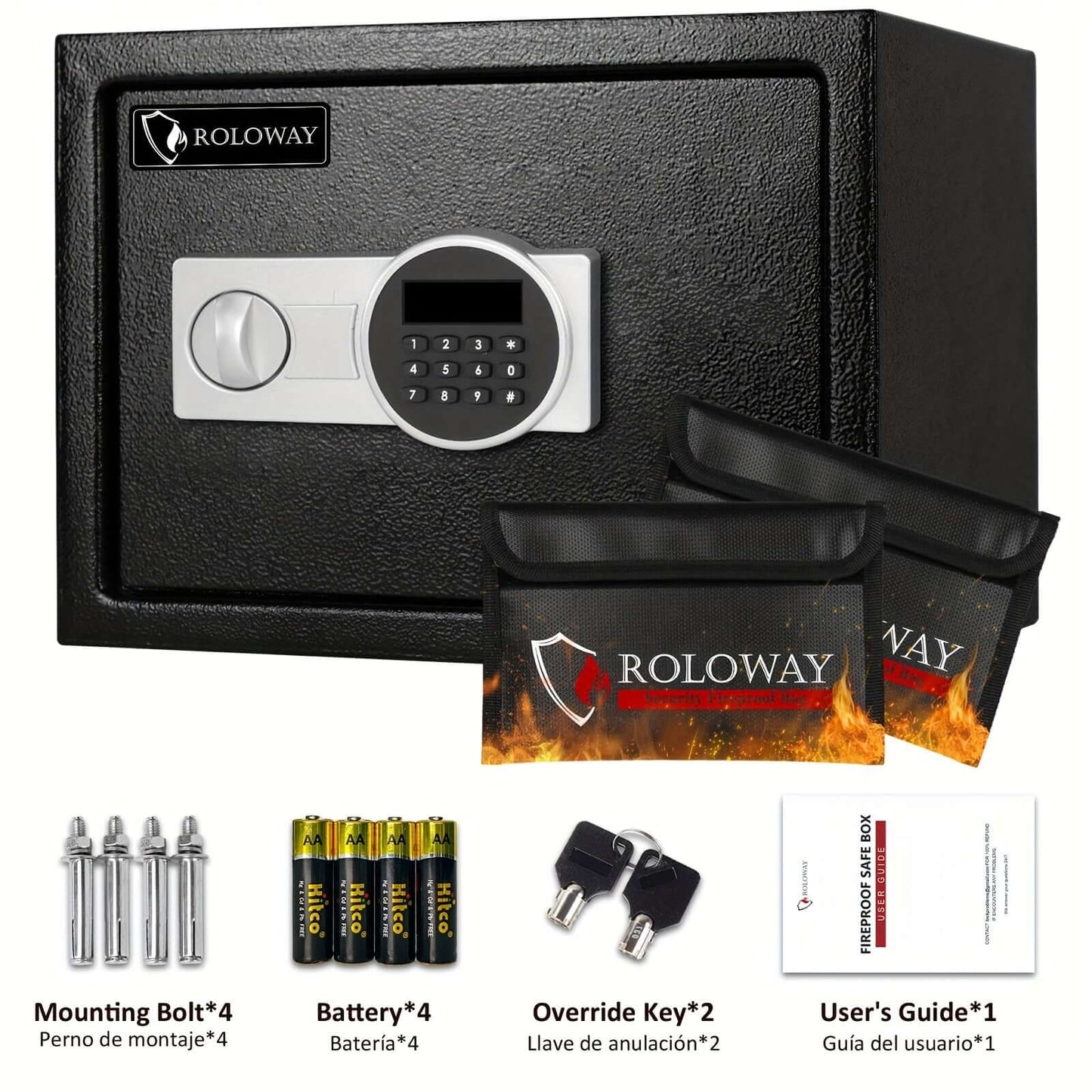heavy-duty fireproof safe with keypad, including mounting bolts, batteries, override keys, and user's guide.
