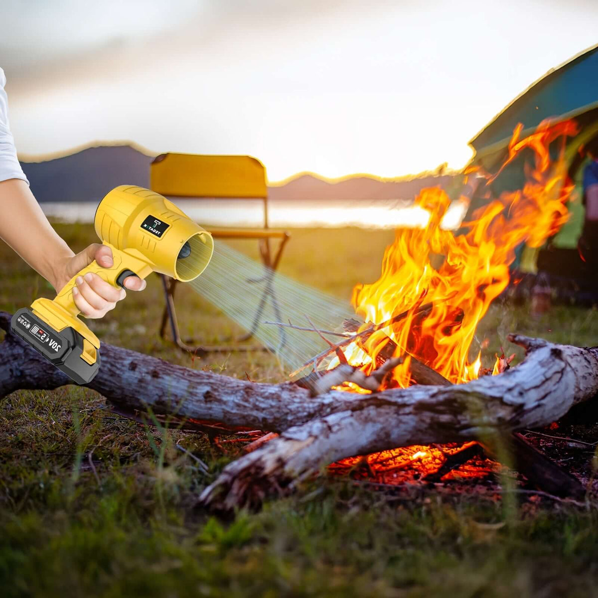 TEGATOK rechargeable battery specifications in use with a handheld torch near a campfire.