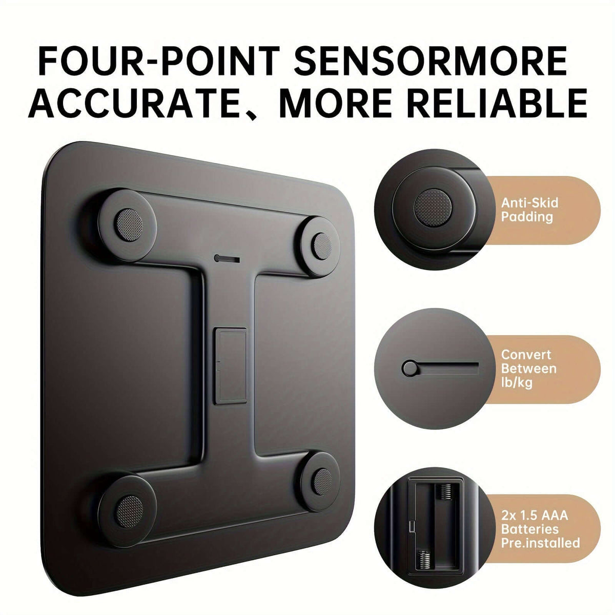 High-precision digital bathroom scale with four-point sensor, anti-skid padding, and battery details.
