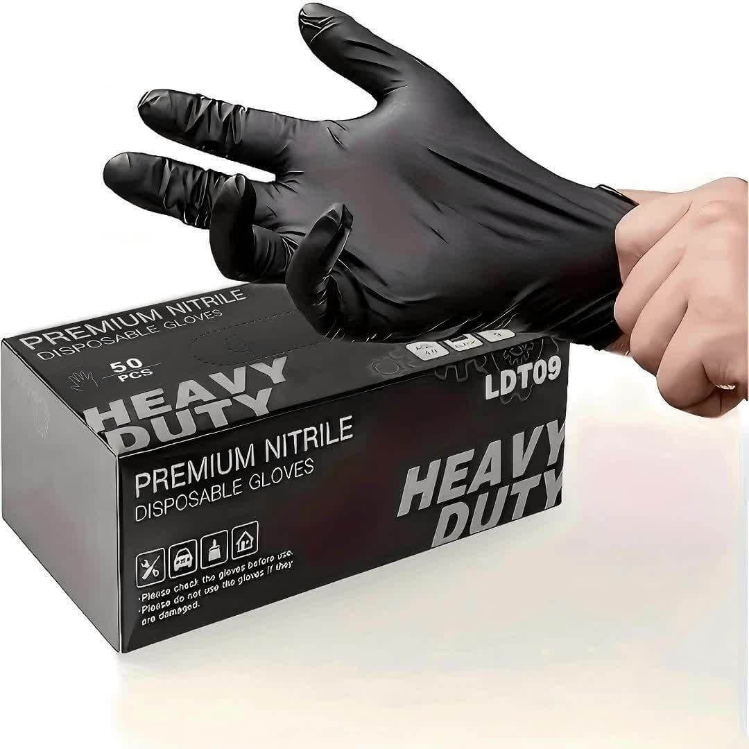 disposable nitrile gloves for safety being worn with packaging in the background, heavy-duty gloves in a box