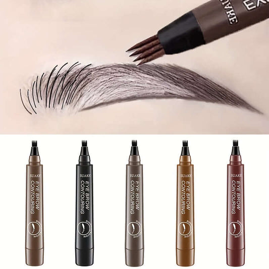 Image of waterproof eyebrow pen showcasing various shades and a detailed eyebrow application for perfect contouring.