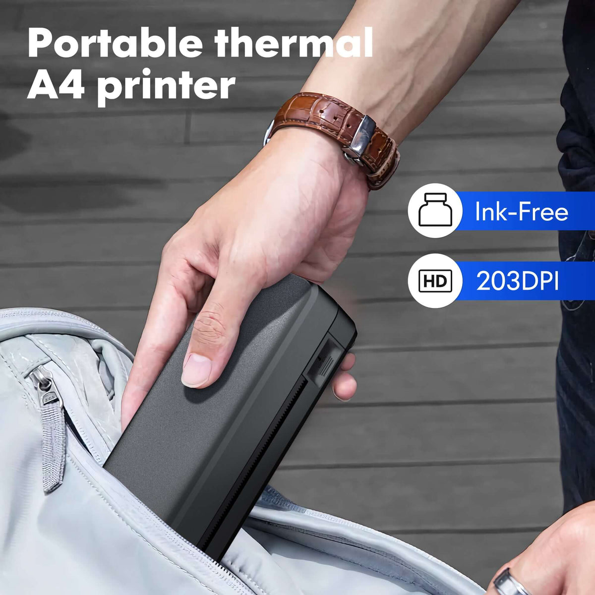 Person placing a portable thermal A4 printer into a backpack, showcasing its ink-free and compact design.