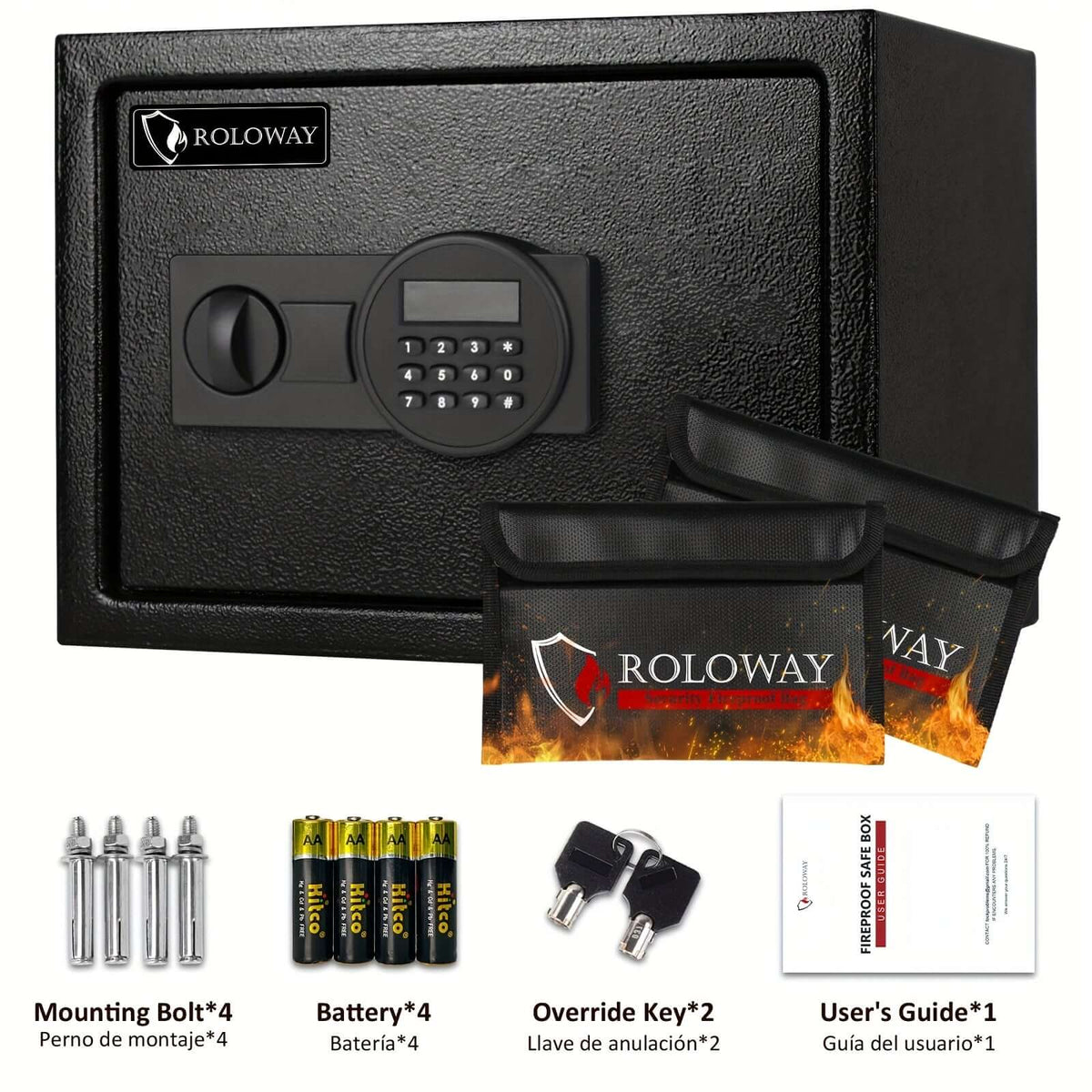 heavy-duty fireproof safe with keypad including mounting bolts, batteries, override keys, and user guide