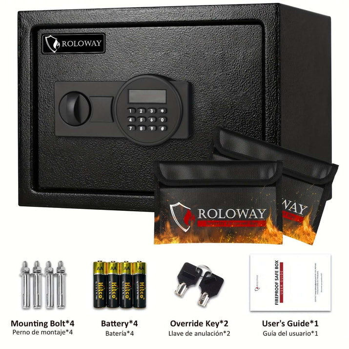 heavy-duty fireproof safe with keypad including mounting bolts, batteries, override keys, and user guide