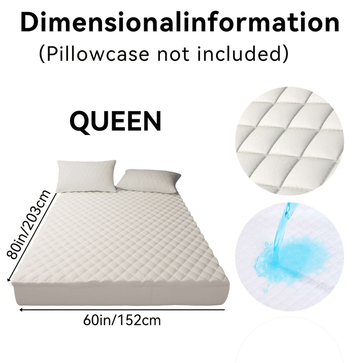 Dimensional information for queen size bed, 80in x 60in mattress, pillowcase not included.