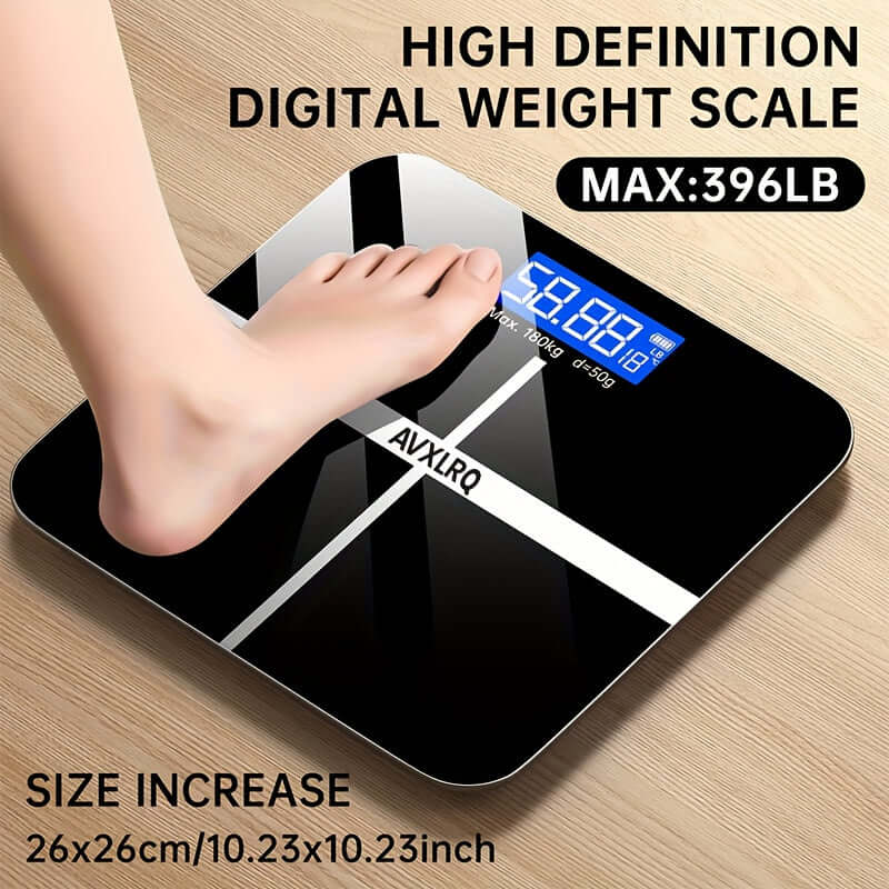 High-precision digital bathroom scale with a foot on it displaying weight on a digital screen.