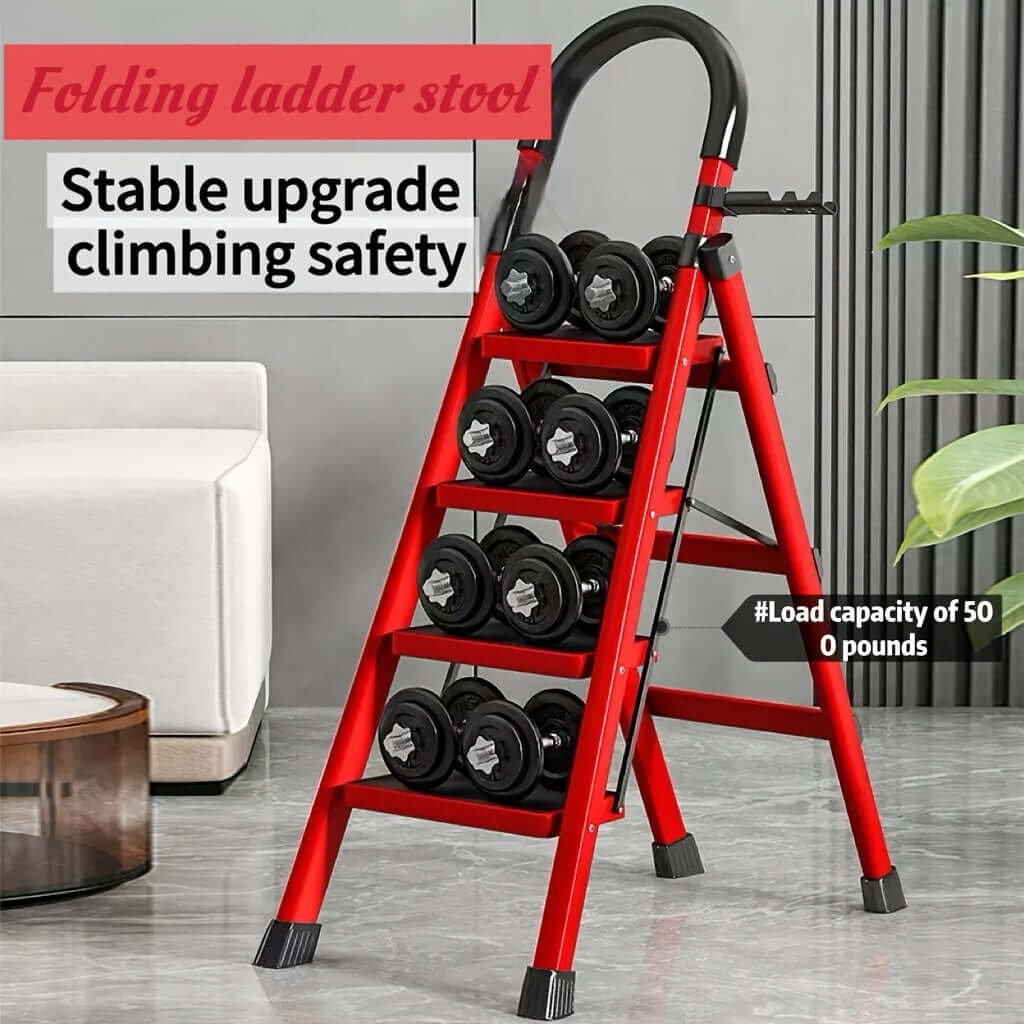 heavy-duty portable folding ladder with stable upgrade climbing safety and a load capacity of 500 pounds.
