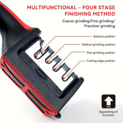 Image of a professional knife sharpener highlighting its multifunctional four-stage finishing method.