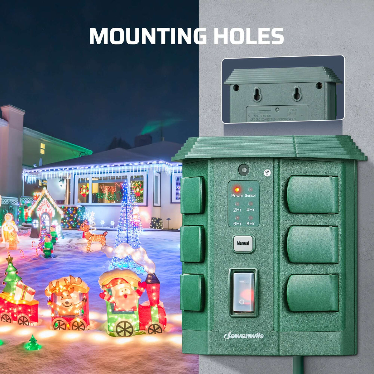 Dewenwils power stake timer for holiday lights with mounting holes in a festive outdoor setting.