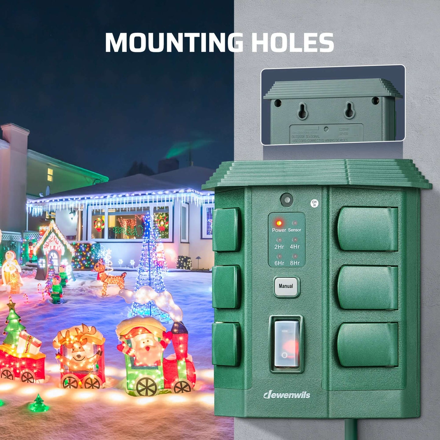 Dewenwils power stake timer for holiday lights with mounting holes in a festive outdoor setting.