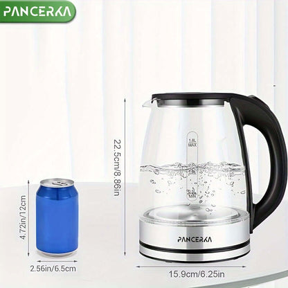 electric tea kettle with auto shut off next to a blue soda can for size comparison.