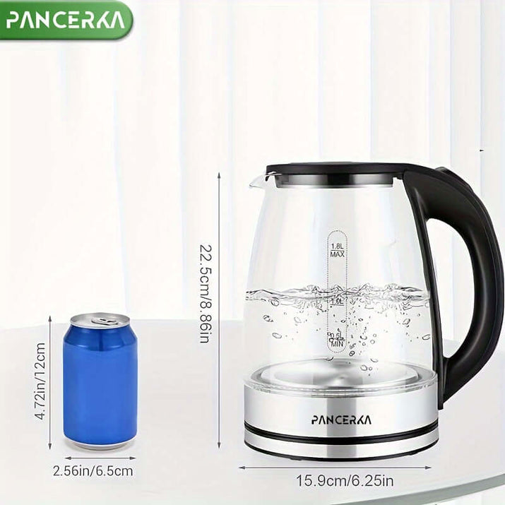 electric tea kettle with auto shut off next to a blue soda can for size comparison.