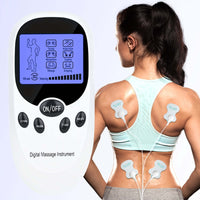 CESLIFF TENS EMS muscle stimulator displaying settings on a user's back for muscle relief and stimulation.