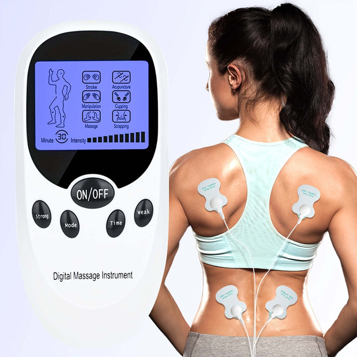 CESLIFF TENS EMS muscle stimulator displaying settings on a user's back for muscle relief and stimulation.