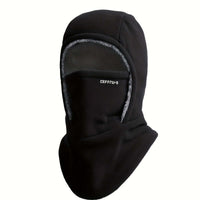 winter balaclava for outdoor sports in black fleece material, ideal for cold weather activities.