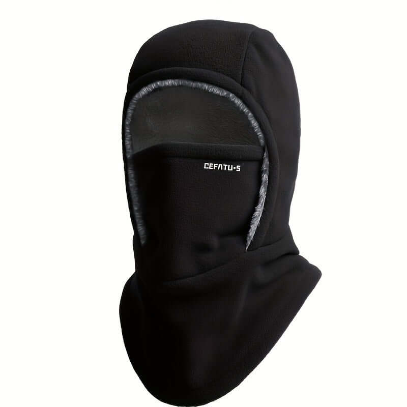 winter balaclava for outdoor sports in black fleece material, ideal for cold weather activities.