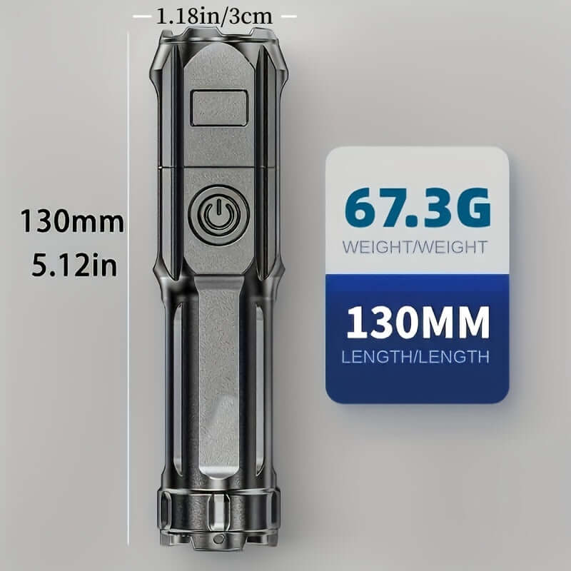 High-power zoom flashlight dimensions showing 130mm length and 67.3g weight with power button design.