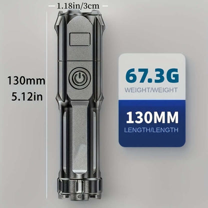 High-power zoom flashlight dimensions showing 130mm length and 67.3g weight with power button design.