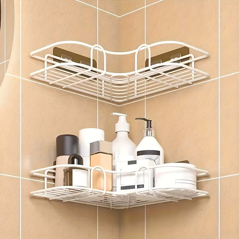 Stylish cast iron shower shelf in a bathroom corner holding various toiletries and beauty products.
