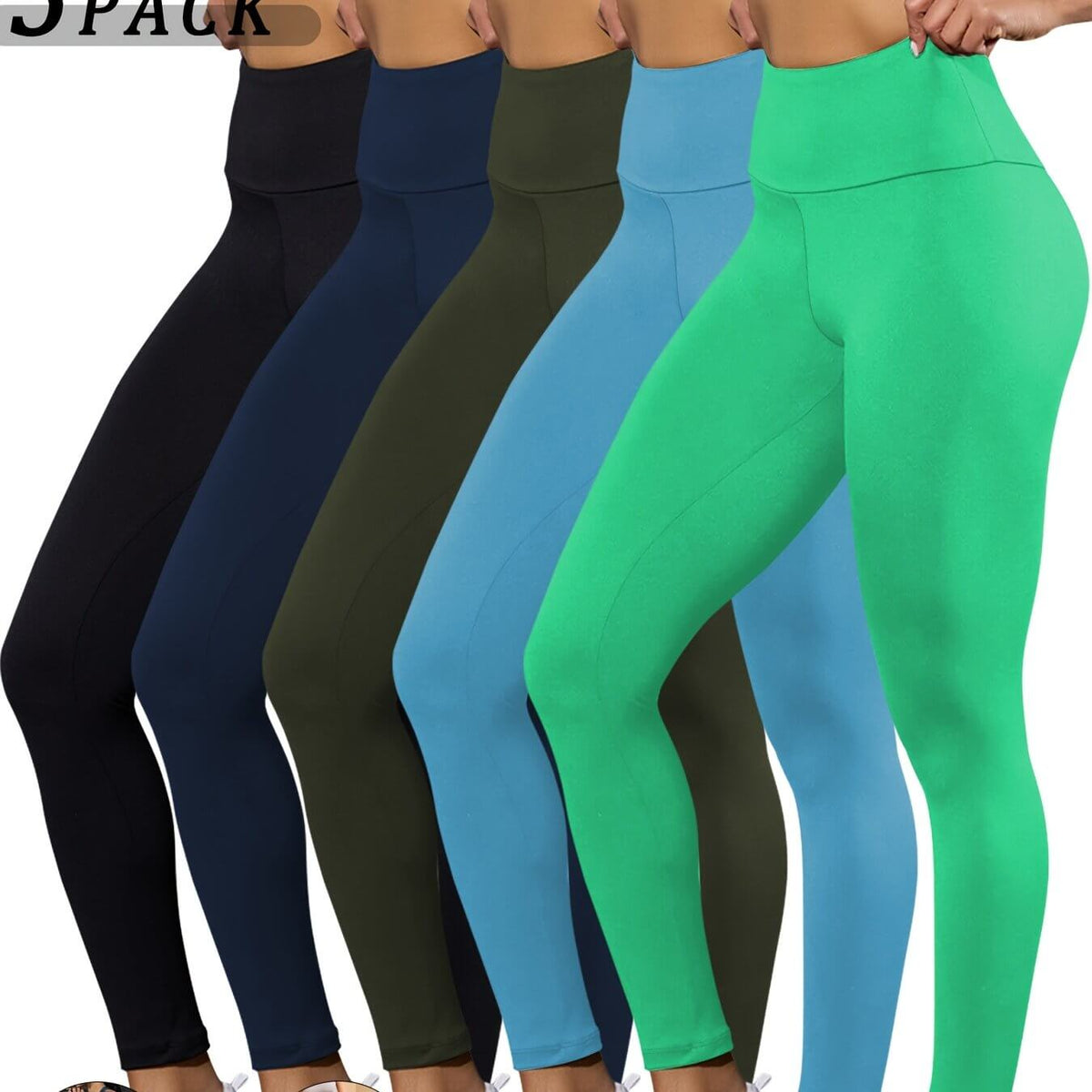 high waisted tummy control leggings in a variety of colors including black, green, blue, and navy.